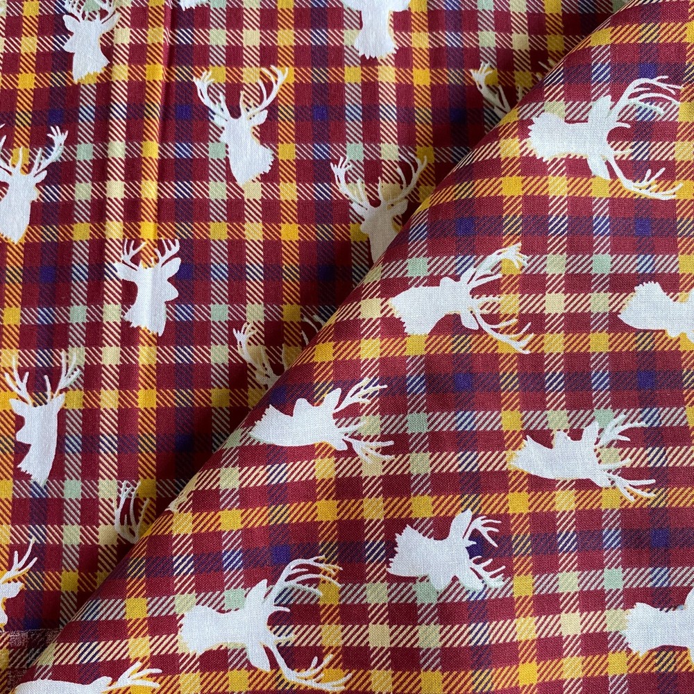 1.2 YD Deer Plaid Fabric Maroon Cotton Print