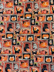 Vtg 90s Halloween Fabric Black Cat Pumpkin Box Grid Cotton by the HALF YARD