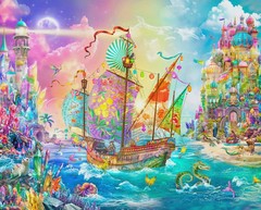 Crystal Dreamship Fabric Panel from Divine Oceania ~Fantasy, Dragons, Mermaids