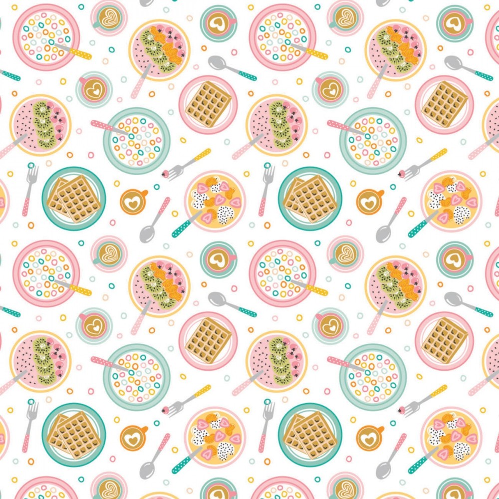 Food Fabric | Breakfast Waffle Cereal Toss White | Camelot YARD