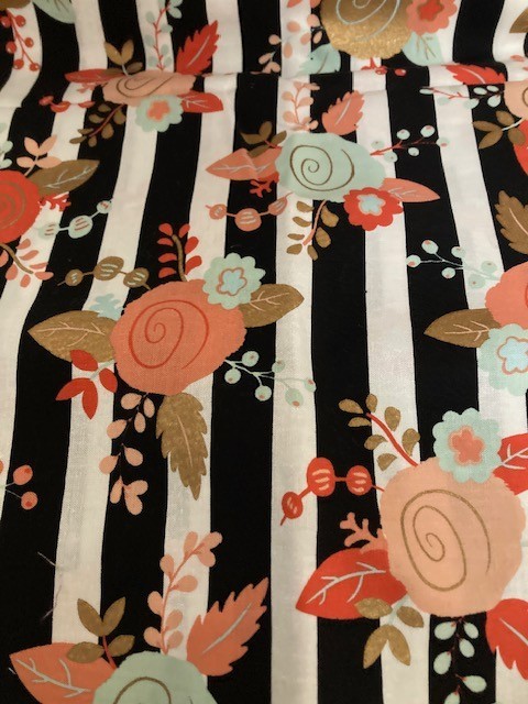 Brother Sister Design Studio – Black & White Stripe Floral Print – 1 1/2 Yards