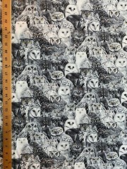WICKED OWLS YELLOW EYES OWL SPOOKY BLK WHTE GRAY COTTON FABRIC FQ