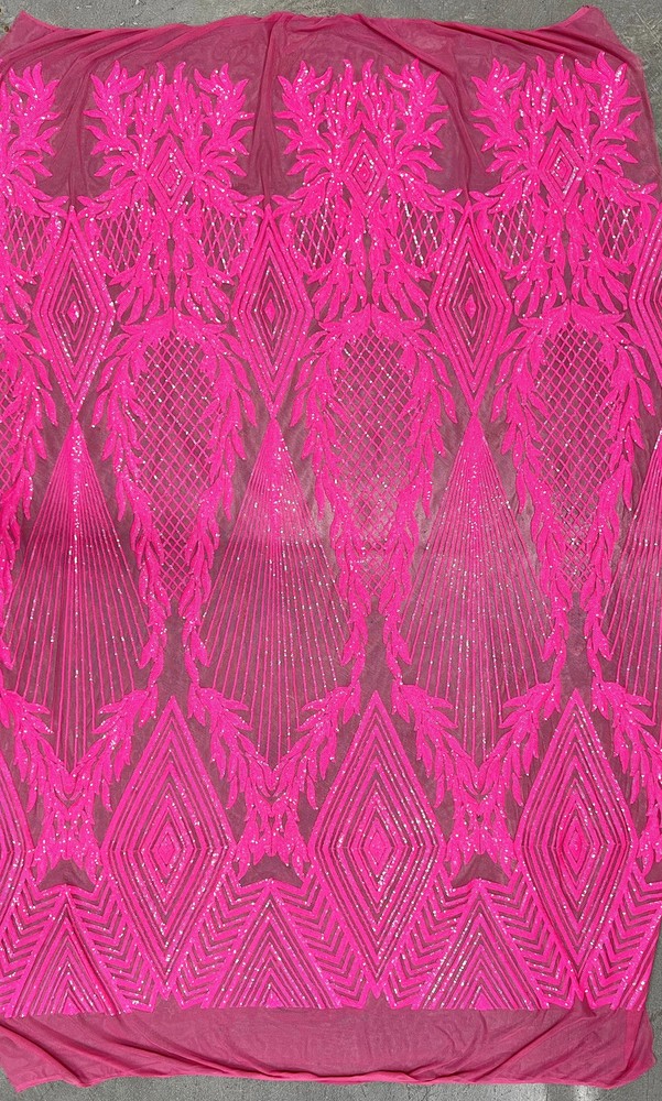 Francesca HOT PINK Vines and Diamonds Pattern Sequins on Mesh Lace Fabric by th