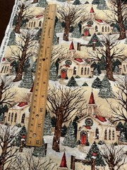 SUSAN WINGET Winter Church Scenic SNOW FALLING Bare TREES Red Cardinals BTY 44″W