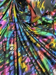 Multicolor Fire Print Foil Metallic Flames Spandex Fabric By The Yard Stretch
