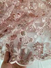 “Blush Pink Lace with Butterfly Embroidery and Sparkle – Quinceañera Fabric