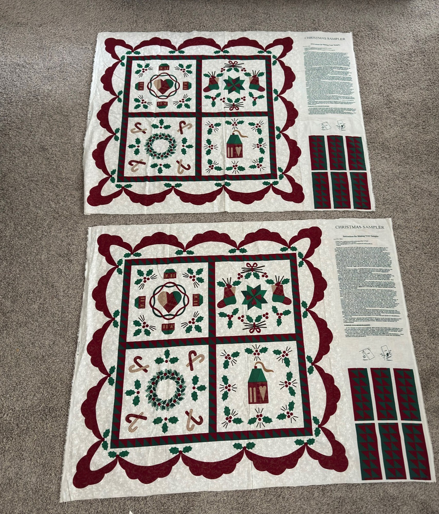Vtg Wamsutta Christmas Sampler Fabric Panel Cheater Quilt Wall Hanging Uncut 2PC