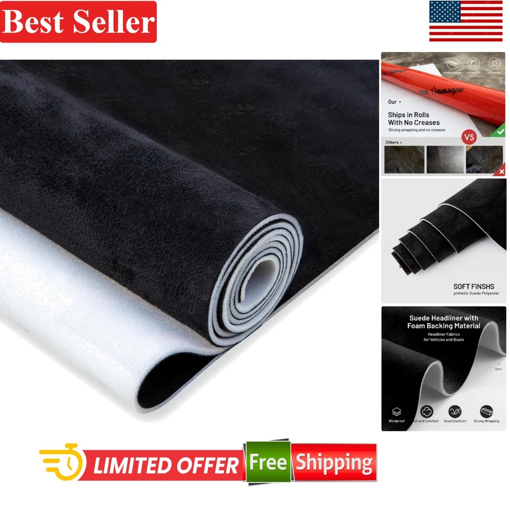 Luxury Black Suede Auto Headliner Fabric – 54″ L x 60″ W for DIY Projects