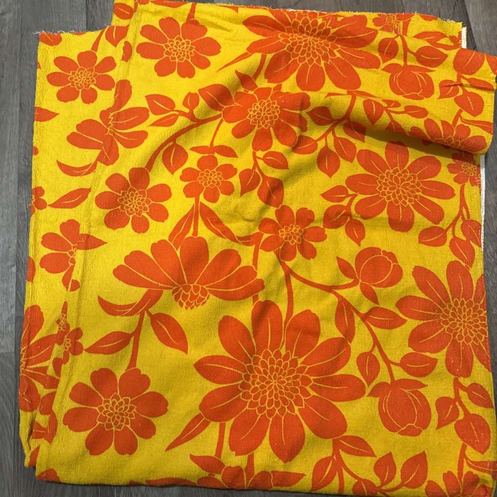Vtg 60s 70s Neon Orange yellow NOS Terry Flower Power Material 102” X 44”