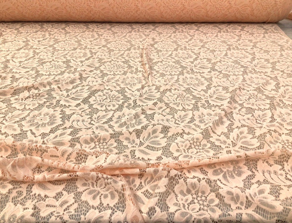 Embroidered Stretch Lace Apparel Fabric Sheer Floral Light Peach UU513