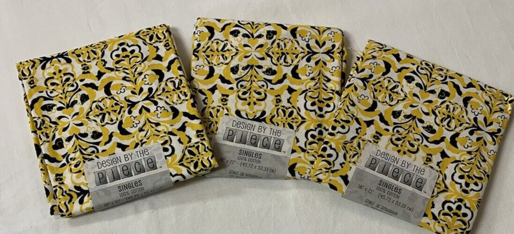 Design By The Piece Fat Quarter Lot Of 3 Yellow Black White Floral 100% Cotton