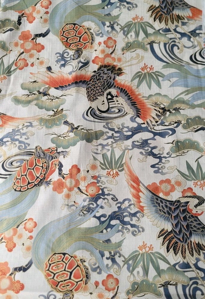 Cranes, Tortoises, on White Japanese Cotton Dobby Shirting w/ Gold Metallic
