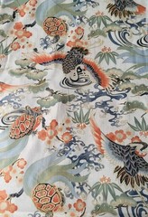 Cranes, Tortoises, on White Japanese Cotton Dobby Shirting w/ Gold Metallic