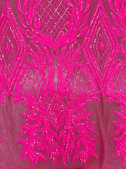Francesca HOT PINK Vines and Diamonds Pattern Sequins on Mesh Lace Fabric by th
