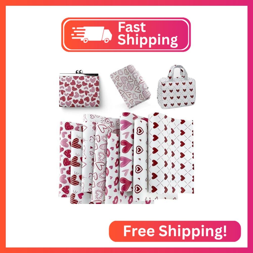 ONEART | 8 Pcs Printed Lychee Texture Faux Leather Sheets, 8″×12″ Red Heart PU L
