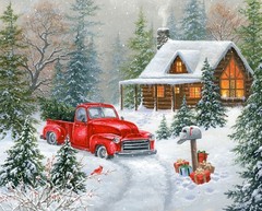 35″ Fabric Panel – David Textiles Digital Red Pickup Truck Christmas Tree Cabin