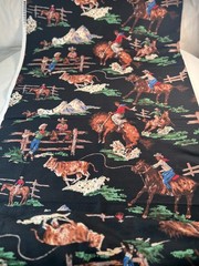 Fabric – Rare Vintage “ROUNDUP” Cowboy By MODA BARKCLOTH Black BTY 36” L x 54″ W