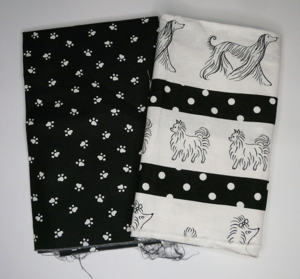 18 x 18 Black and White Dog Fabric w Coordinating 18 x 25 Paw Print Material