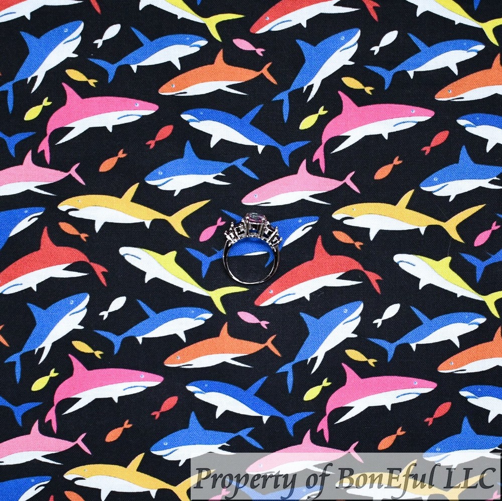 BonEful Fabric FQ Cotton Quilt Black Rainbow Sea World Fish Dolphin Shark Water