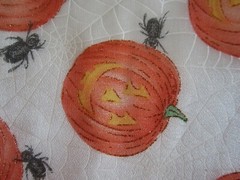 Vtg Glitter Orange Pumpkin Black Spider White Web Clear Netting Fabric