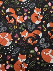 Fox Theme Animal Print Fabric, Multicolor on Black Flannel