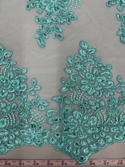 Brianna AQUA Polyester Floral Embroidery with Sequins on Mesh Lace Fabric by th