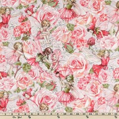 BTY Sweet Flower Fairies Sweet Garden Rose Pink Quilt Cotton Fabric By The Yard