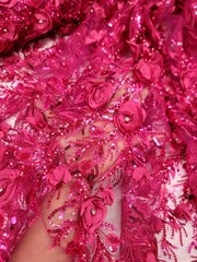 Flower 3D Lace Fuchsia Beaded Lace 3D Embroidered Fabric by Yard For Dress Prom