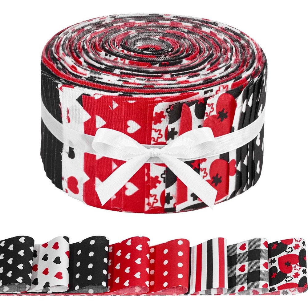 40 PCS Cotton Fabric Strips Red Black Heart Polka Dots Plaid Roll Quilting