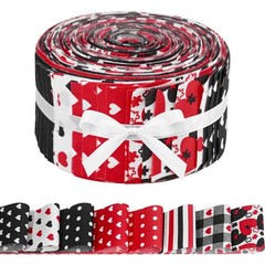 40 PCS Cotton Fabric Strips Red Black Heart Polka Dots Plaid Roll Quilting