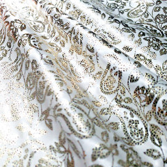 Gilded White Gold Paisley Satin Fabric 56″ By the Yard Shiny Metallic Overlay