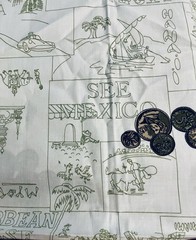 VTG Novelty Travel Themed Famous World Landmarks and Coins 26½” x 28”