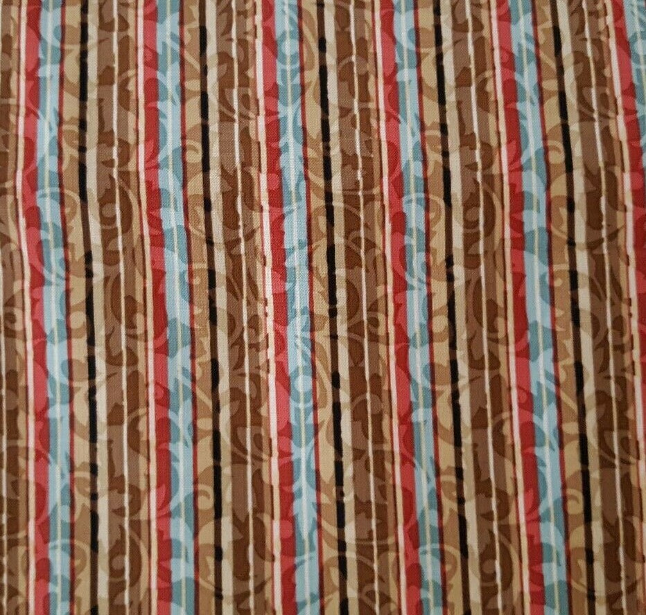 Emma Grace BTY Kathy Brown Red Rooster Brown Aqua Light Red Damask Stripe