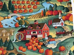By 1/2 Yd VTG Harvest Village Farm Fall Scene Fabric by Joan Kessler ~ Concord