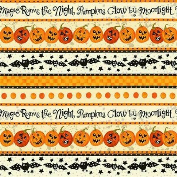 $8 Yard MIDNIGHT GLOW Pumpkin Cream Stripe Clothworks Quilt Fabric Halloween