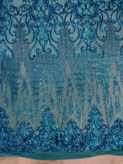 Angelica DARK TURQUOISE Curlicues and Leaves Sequins on Mesh Lace Fabric by the