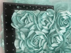 Aqua 3D Rosette Embroidery Satin Rose Flowers Floral Mesh Fabric by the yard