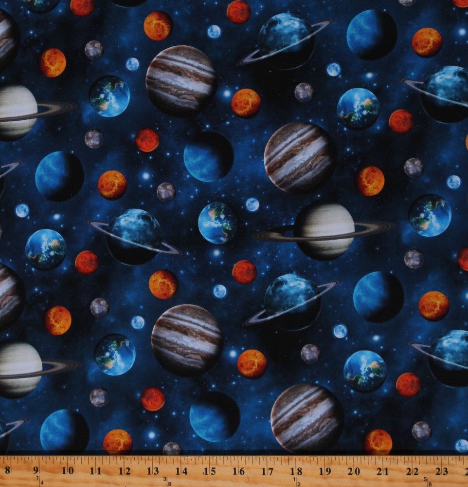 Cotton Tossed Planets Outer Space Solar System Fabric Print by the Yard D769.63