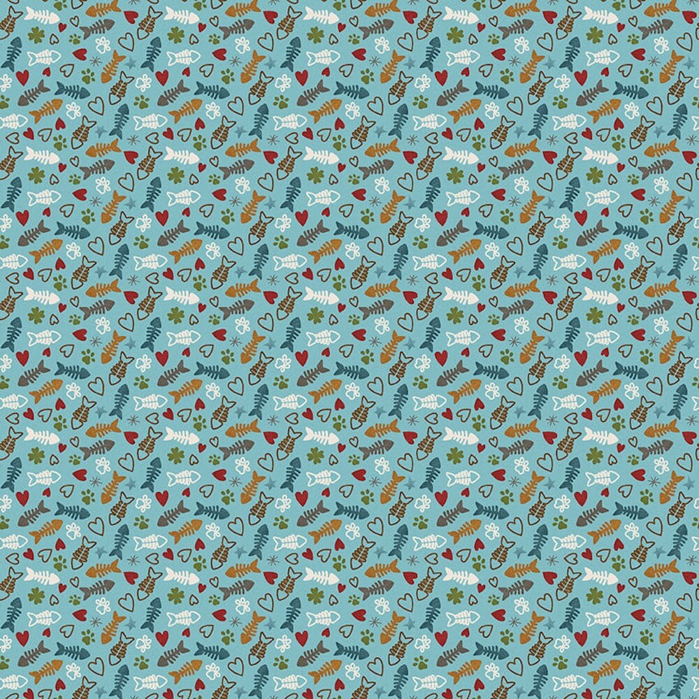 Henry Glass Hat On A Cat Fish & Bone Lt Blue Cotton Fabric By The Yard