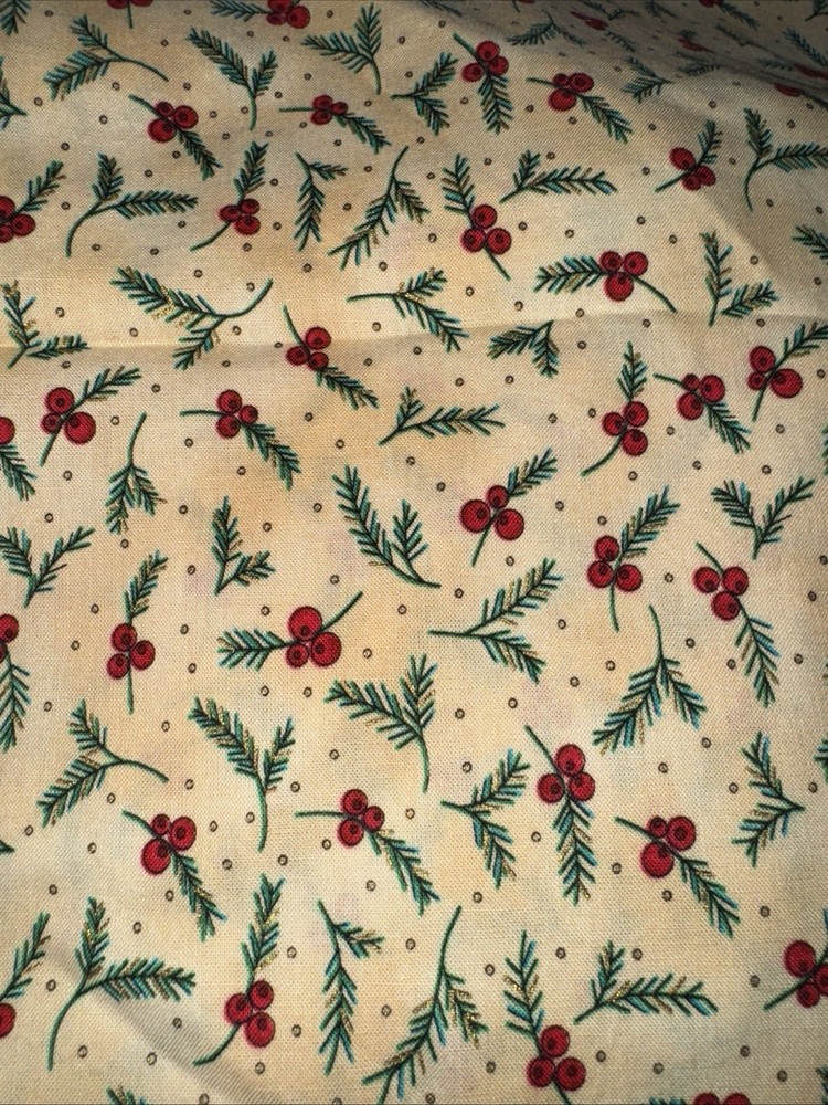 Red Berries Green Pine-Needles on Marbled-Tan Cotton/SSI/ Kari Pearson 1.5 Yds