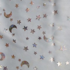 Silver stars and moon on Light Blue stretch Silky Spandex 1yd 12″ x 48