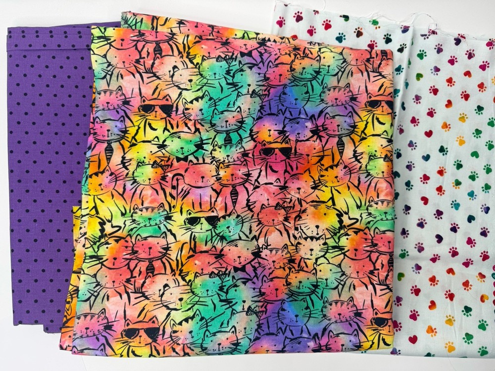 Lot Of 3 Quilt Fabric 3.5 Yards Tie Dye Cats Rainbow Paw Prints Polka Dots