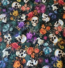 ‘Dreadful Delights’ Skulls & Roses on Dark Green from Kaufman – Quilts/Garments