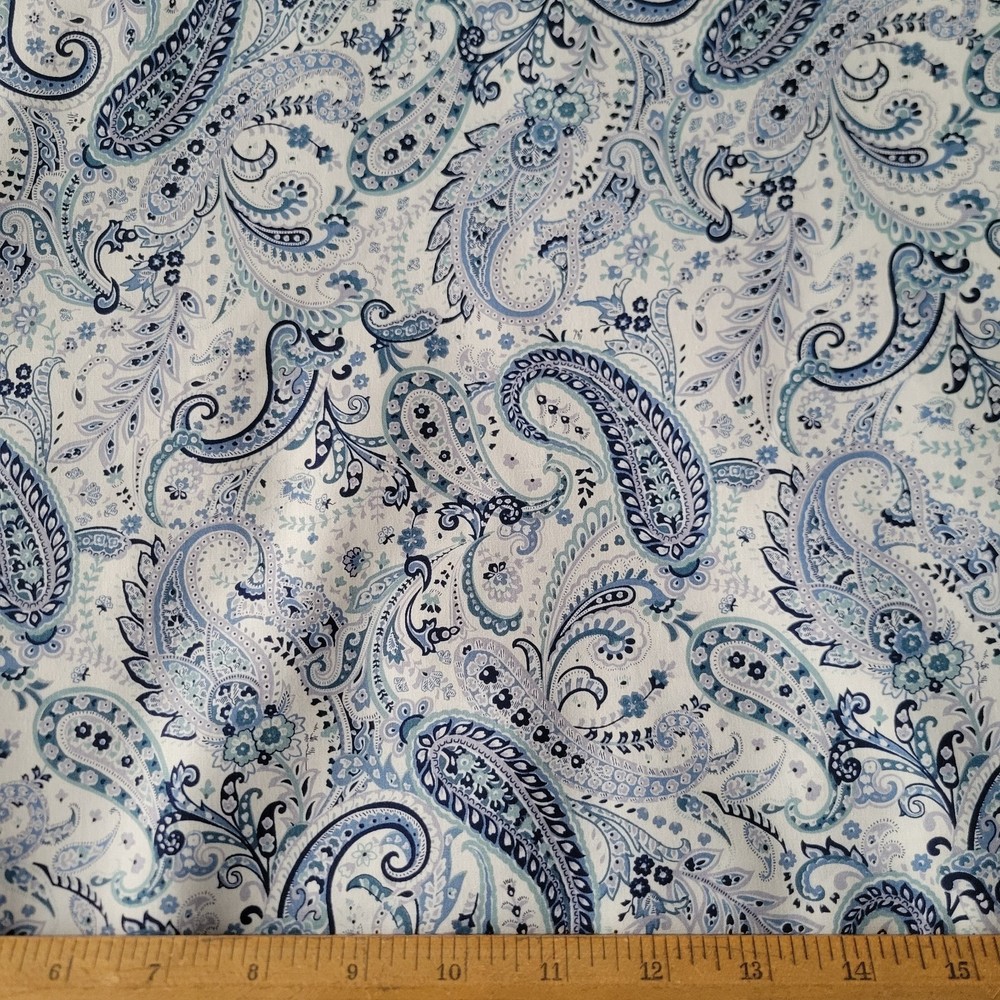 Blue & Gray Paisley Floral on White Japanese Cotton Lawn