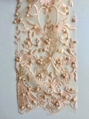 Daphne PEACH Faux Pearls Beaded Flowers and Vines Lace Embroidery on Mesh Fabri