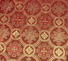 Red Gold Floral Metallic Church Cross Brocade Fabric 60” Width Sold By Yard