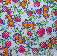 BonEful Fabric FQ Cotton Quilt White OWL Bird Tree Sm Leaf Green Pink Orange Dot