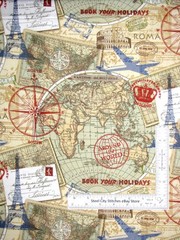 Travel Map Globe Paris Rome Fabric By The Yard Airplane Continents Cotton