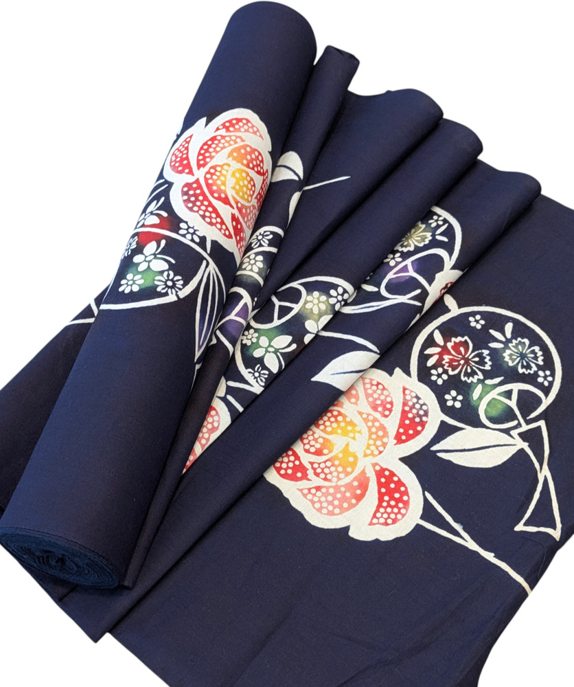 Japanese Kimono Yukata Bolt Cotton 100% Navy Blue 12m Colored Floral Fan Unused