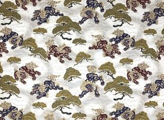 Japanese foo dog fabric, metallic lion fu dog, ivory gold, oriental chinese